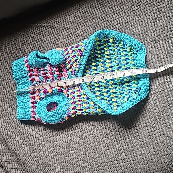 HANDMADE Homemade Small Dog Coat Sweater Crochet Moss Stitch Teal new - Picture 3 of 9